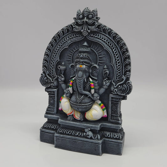 Premium Black stone finish Vinayagar statue 8 inch 19.5cm 45 degree front right corner view focusing on ankusha goad and mooshika mouse at base