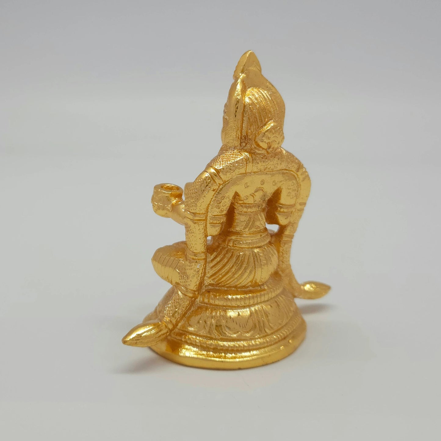 Premium Brass Goddess Annapoorani statue 3 inch 8.5cm 45-degree rear left corner view highlighting clean detailed pot handle