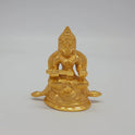 Premium Brass Goddess Annapoorani statue seated with ladle and vessel 3 inch 8.5cm height showing long flowing garland and extended base profile size guide