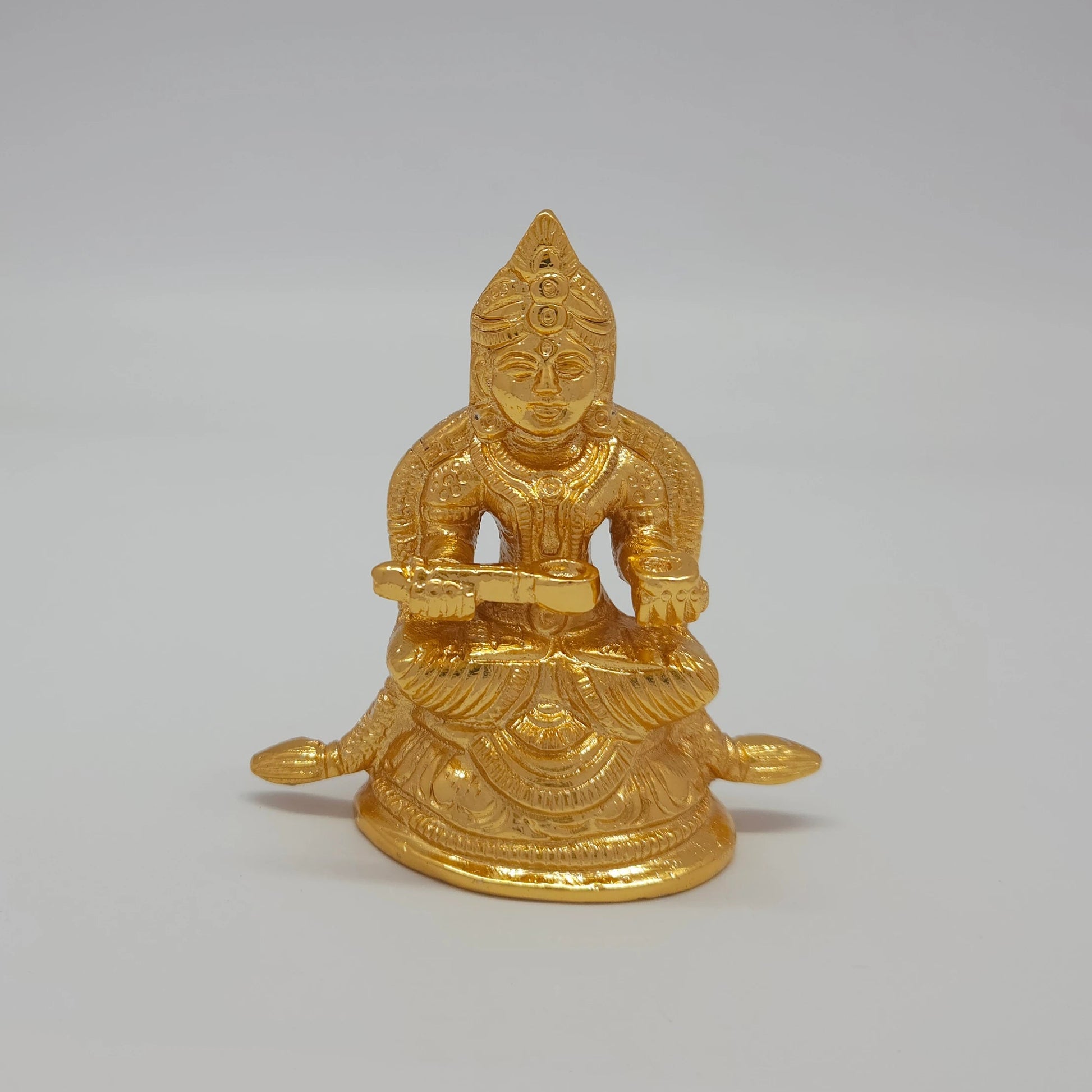 Premium Brass Goddess Annapoorani statue seated with ladle and vessel 3 inch 8.5cm height showing long flowing garland and extended base profile size guide