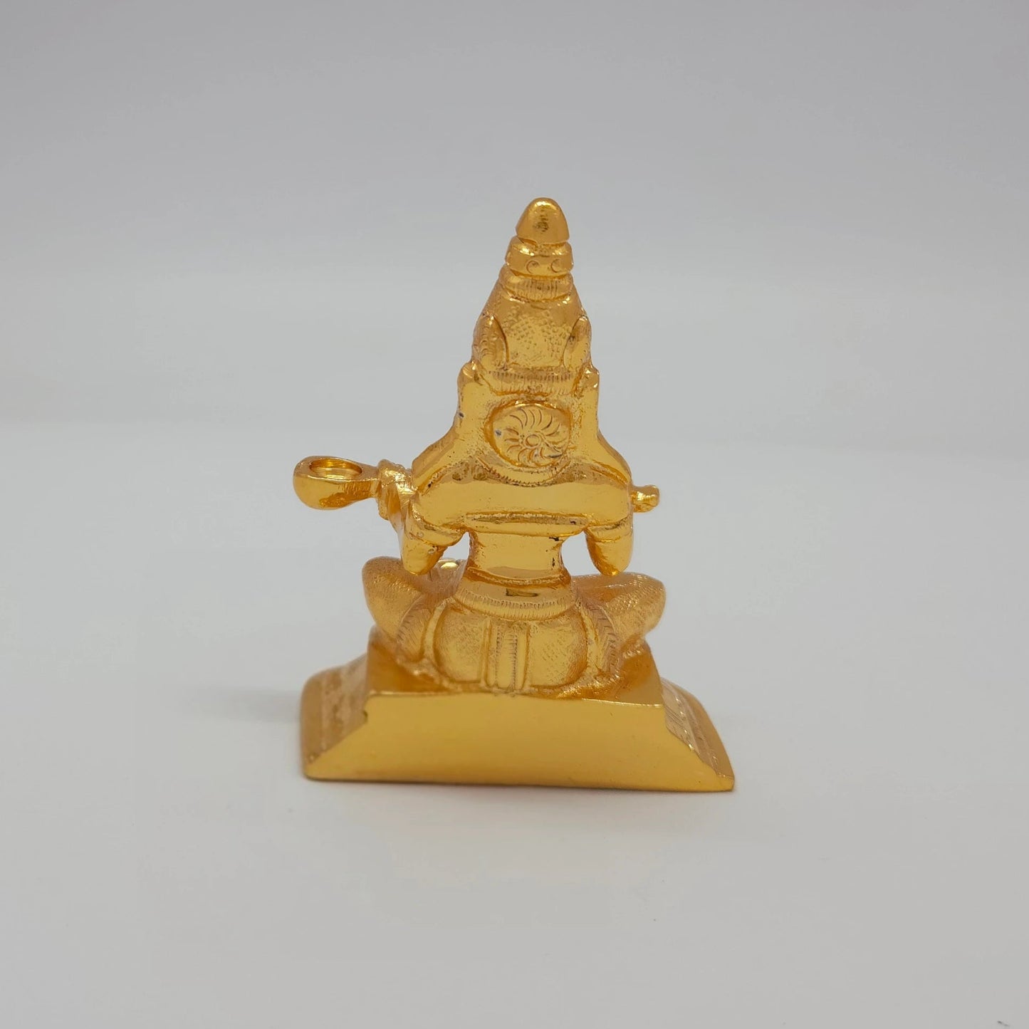 Premium Brass Goddess Annapoorani statue 3 inch 13cm back view showing reverse of the crown and octagonal peedam base