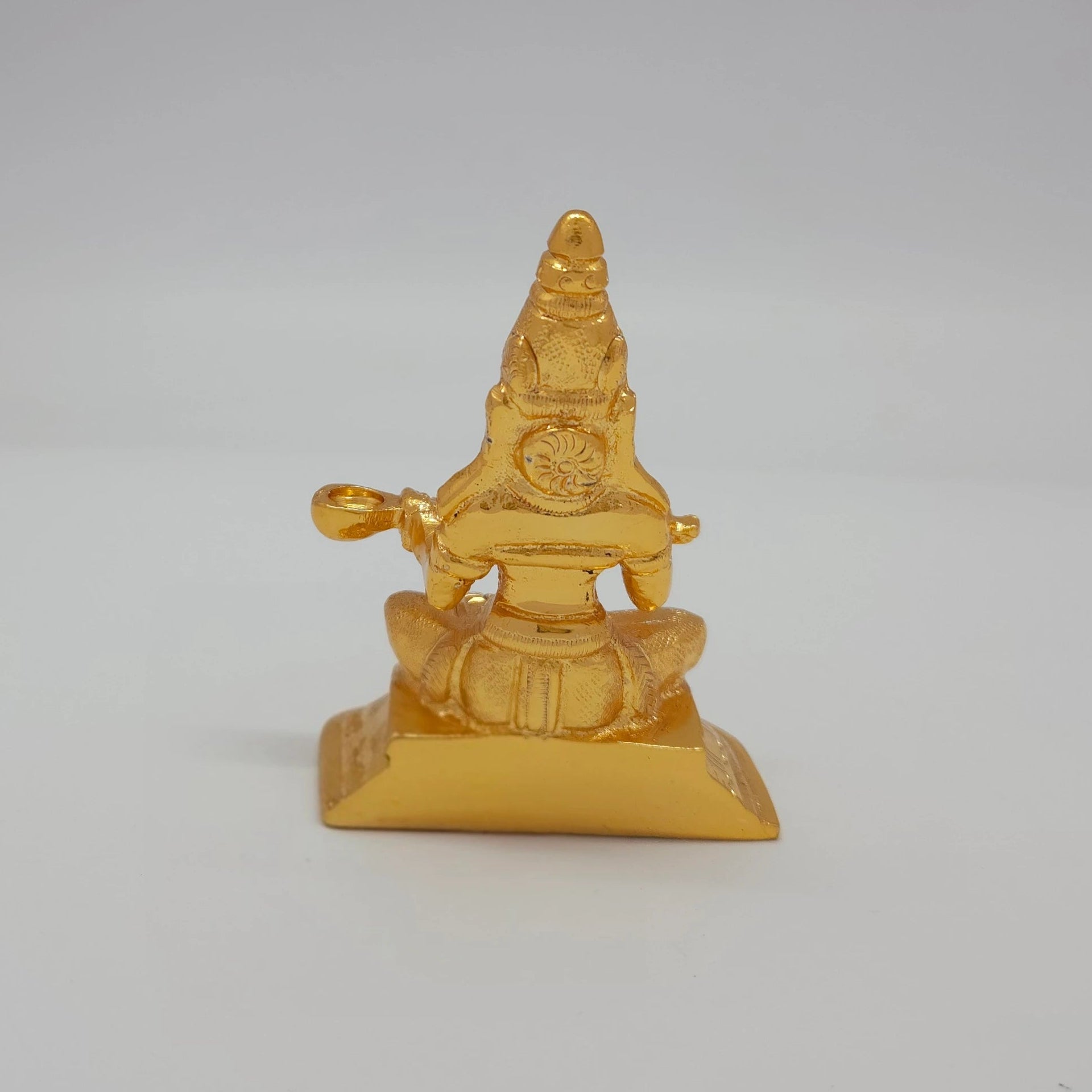 Premium Brass Goddess Annapoorani statue 3 inch 13cm back view showing reverse of the crown and octagonal peedam base