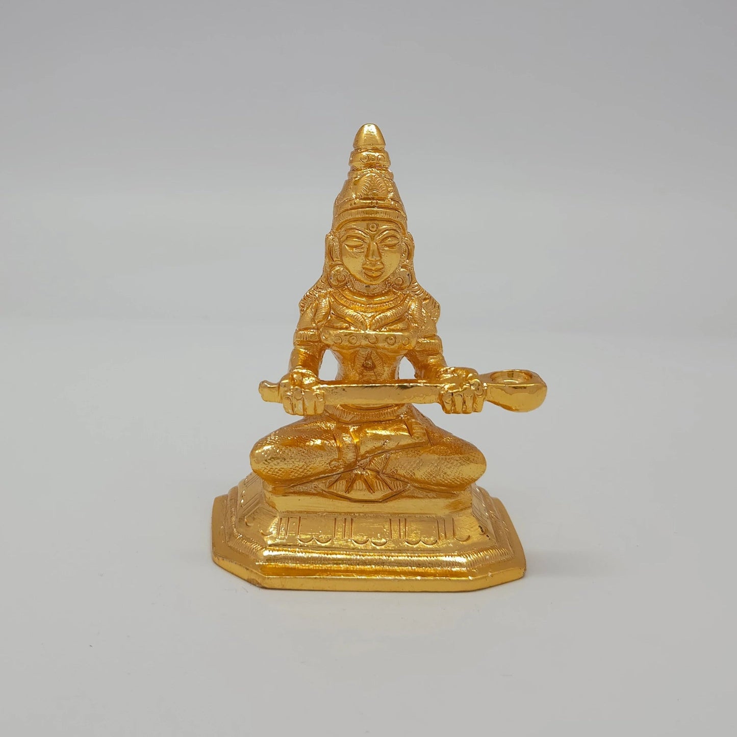 Premium Brass Goddess Annapoorani statue seated with ladle and vessel 3 inch 13cm height 6cm length 3.5cm depth front profile size guide