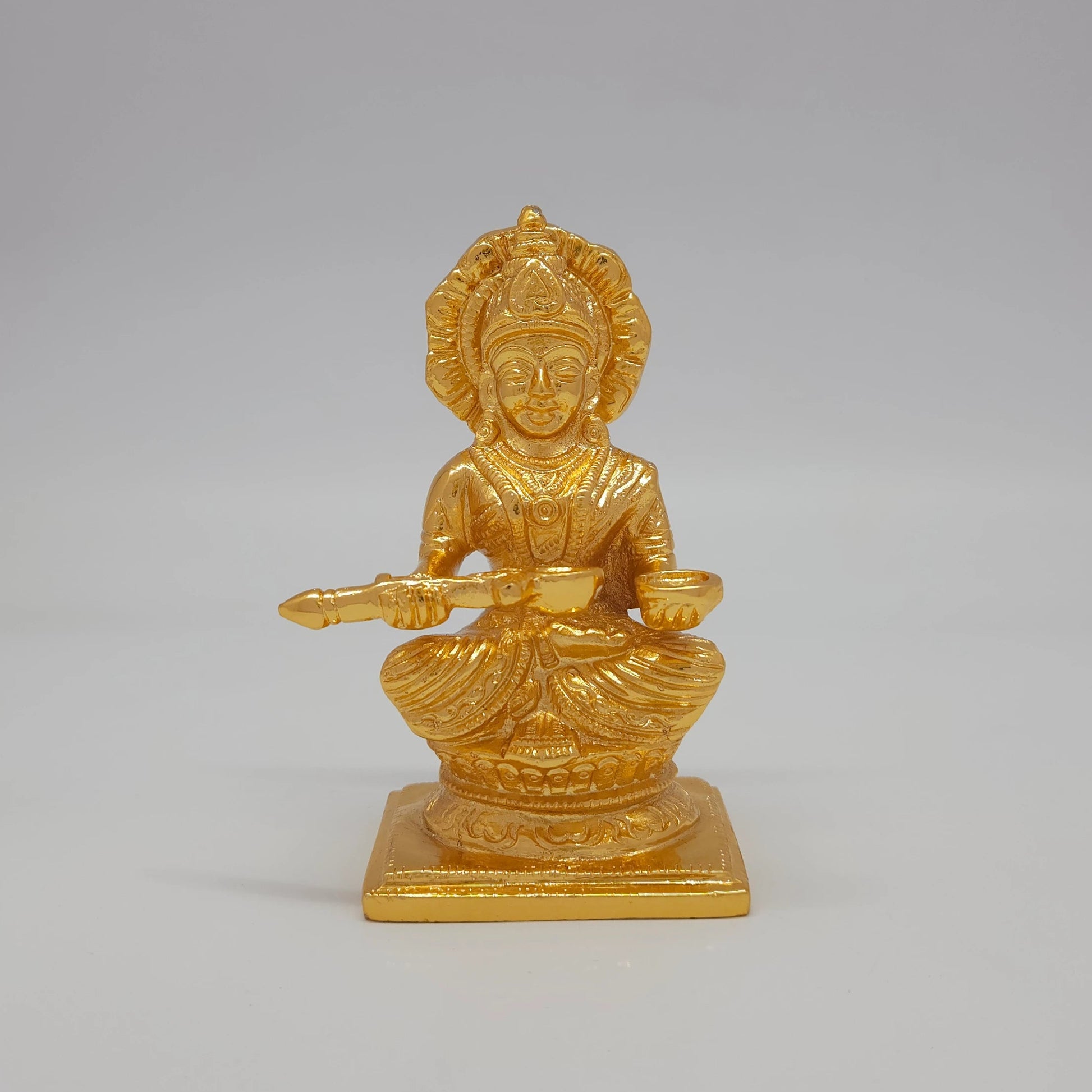 Premium Brass Goddess Annapoorani statue seated with ladle and vessel 5 inch 12cm height 7.5cm length 6cm depth front profile size guide