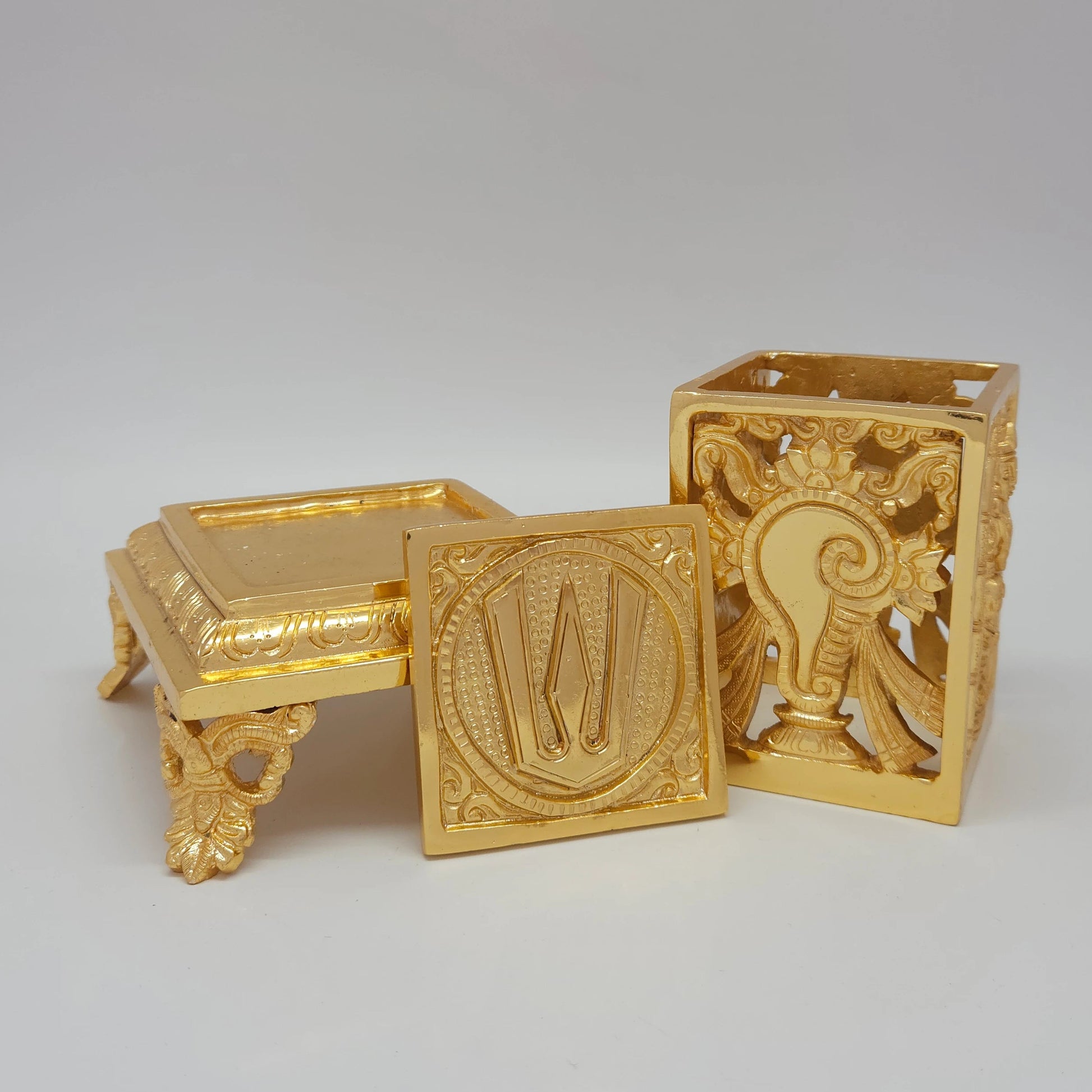 Premium Brass Tirupati Balaji modular desk storage box 1.87kg 3 piece fully dismantled view layout showing separate 11cm square chowki stool 9cm openwork cube container and lid
