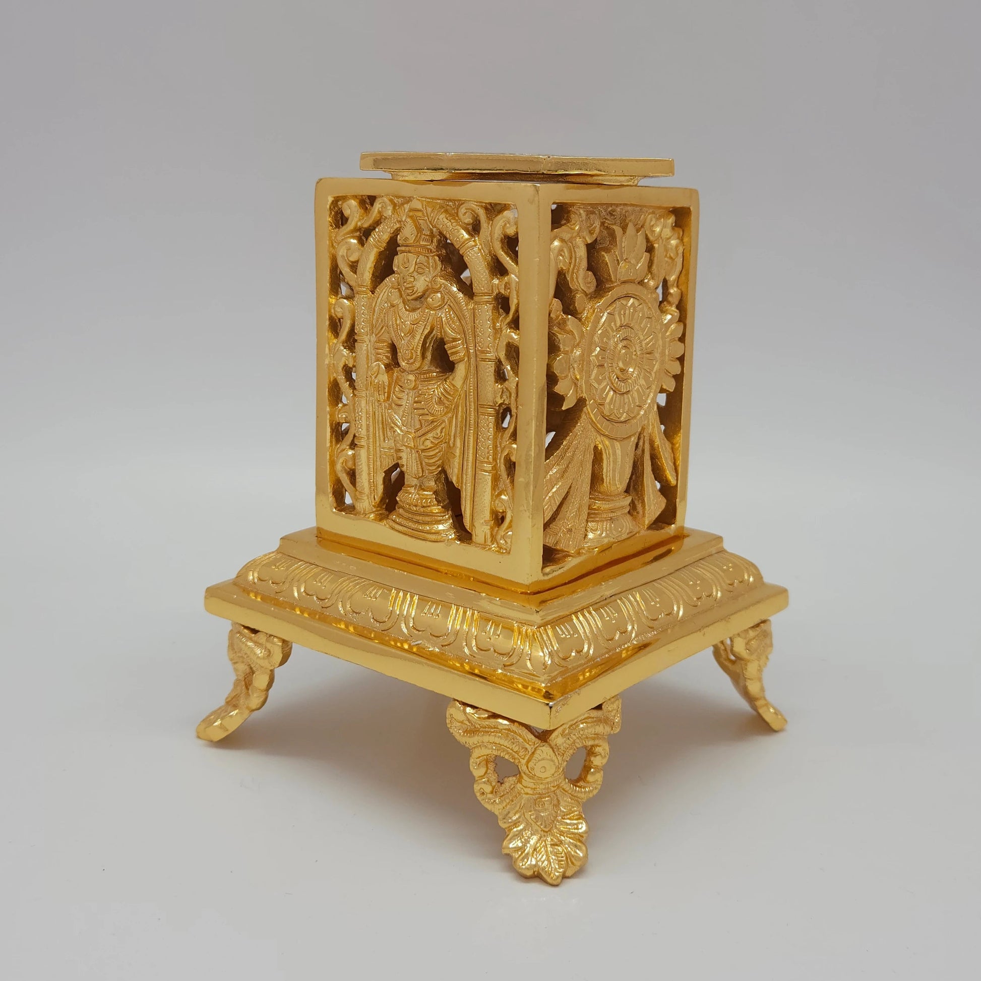 Premium Brass Tirupati Balaji openwork desk organizer box 16cm height assembled view showing Sudarshana Chakra side and Lord Venkateswara icon perspective
