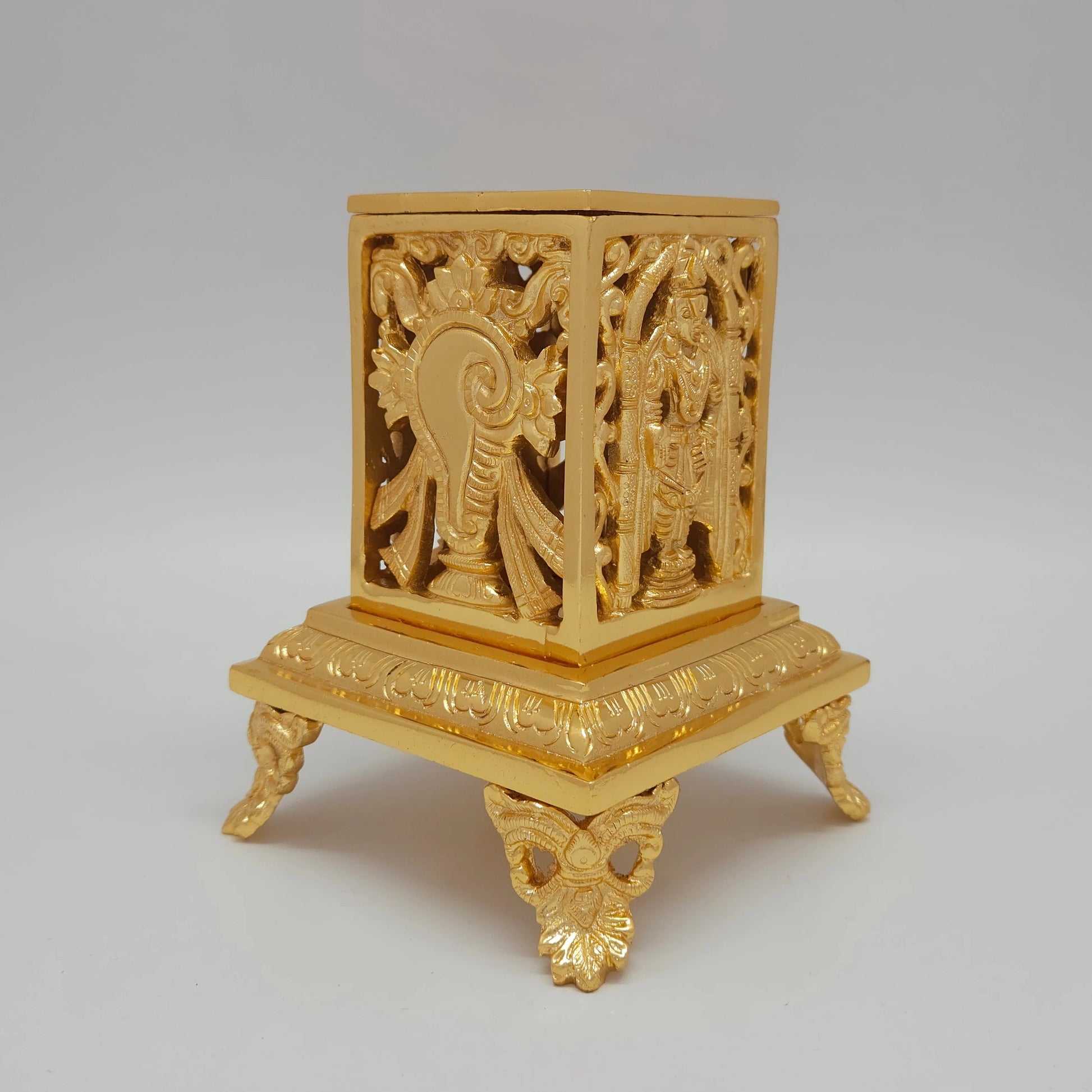 Premium Brass Tirupati Balaji openwork desk organizer box 16cm height assembled view showing Sangu conch wheel side and Lord Venkateswara front icon on lion paw legs