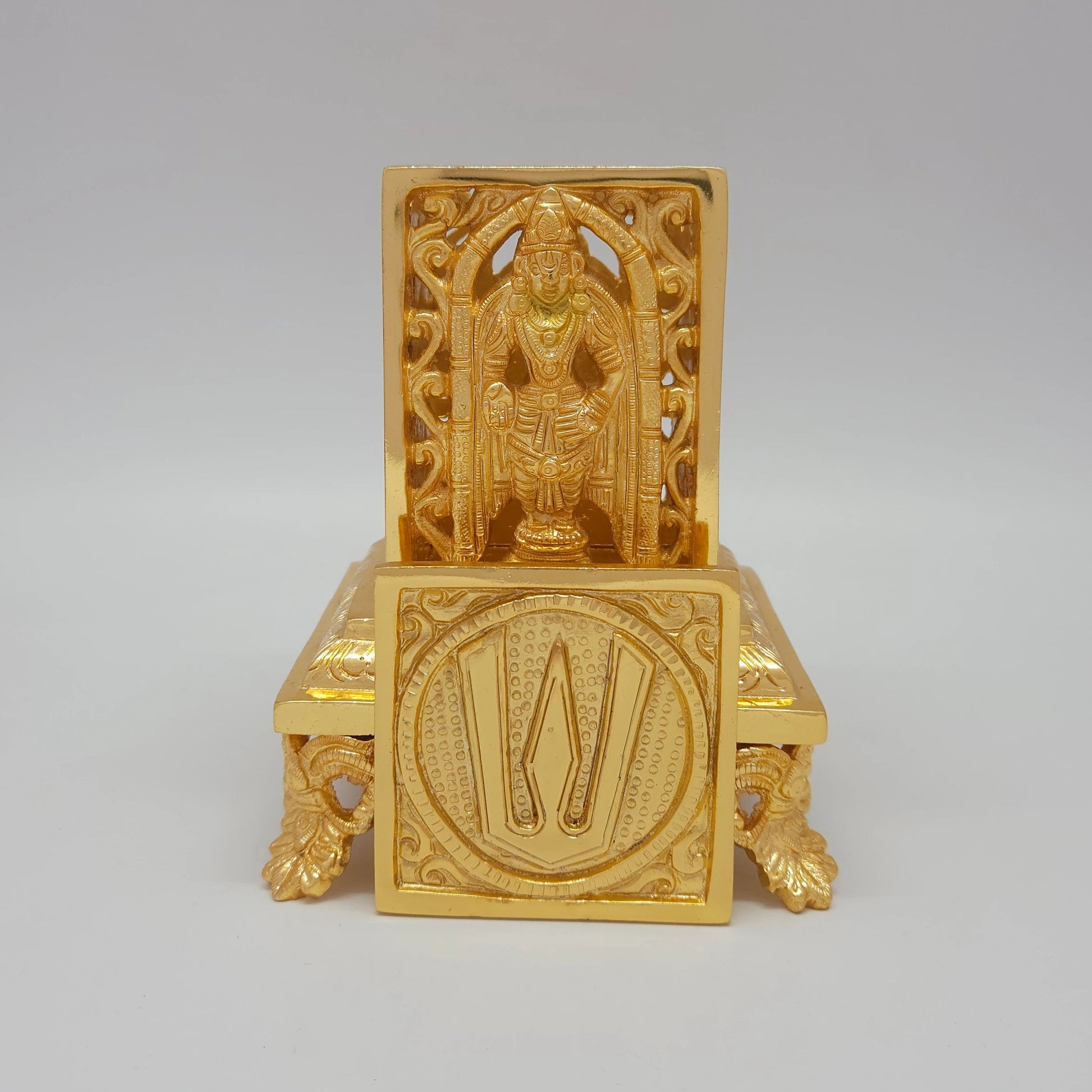 Premium Brass Tirupati Balaji desk storage box 16cm height straight profile pose with the 7cm square Namam lid placed standalone directly in front of the main stand structure