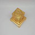 Premium Brass Tirupati Balaji desk storage box 16cm high angle structured aerial view focusing on component thickness spacing and lion paw base footprint symmetry