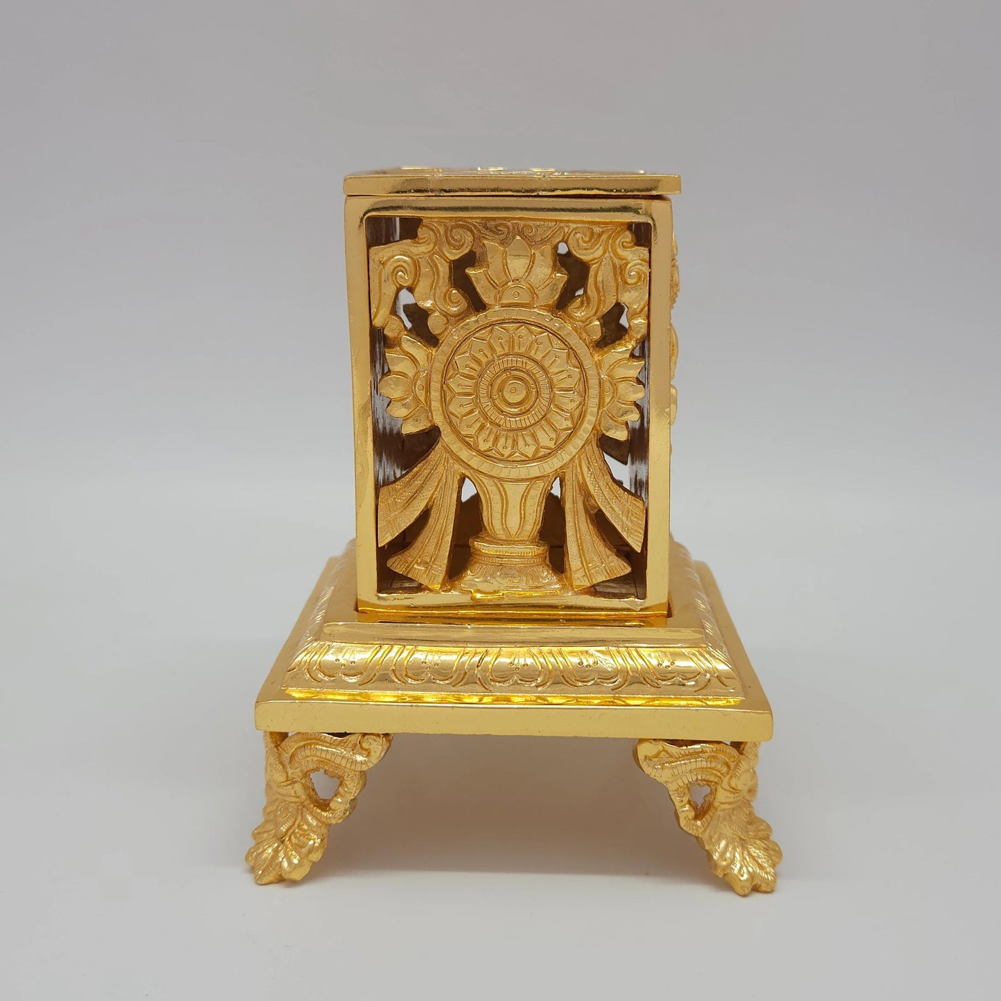 Premium Brass Tirupati Balaji desk storage box 16cm height bottom profile view verifying heavy high density solid brass composition of the 11cm square chowki legs