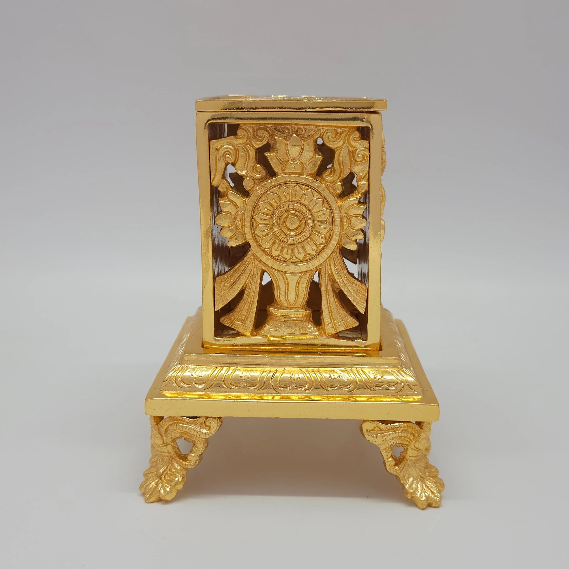 Premium Brass Tirupati Balaji desk storage box 16cm height bottom profile view verifying heavy high density solid brass composition of the 11cm square chowki legs