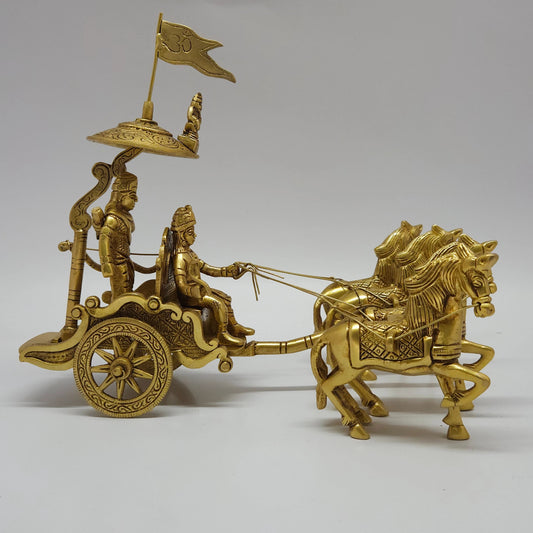 Premium Brass Bhagavad Gita chariot statue 21cm right full profile side view showing chariot axle spacing and horses