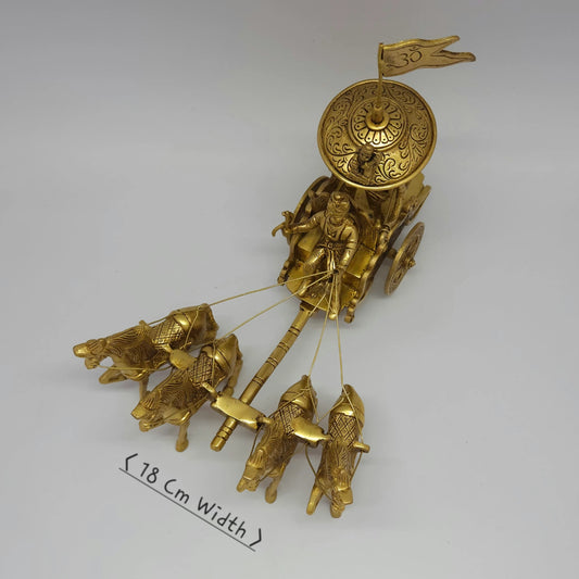 Premium Brass Bhagavad Gita chariot statue 21cm top high angle overview showing running chariot movement and reins structure