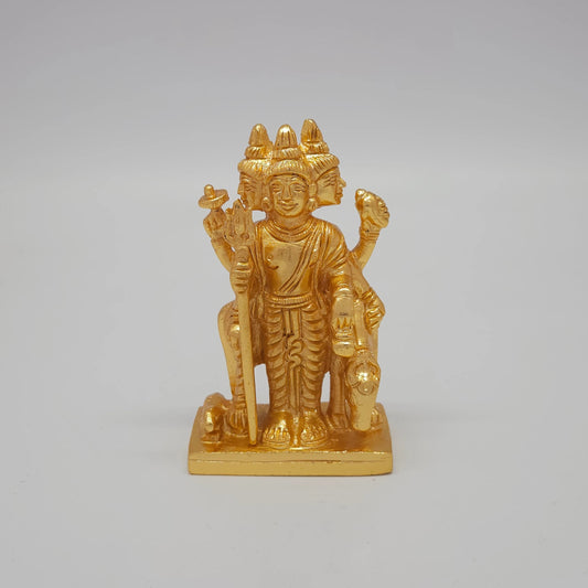 Premium pure brass standing Lord Dattatreya statue glossy gold finish 4-inch 11cm height 7cm length 3.5cm depth 630gm weight front straight pose view size guide