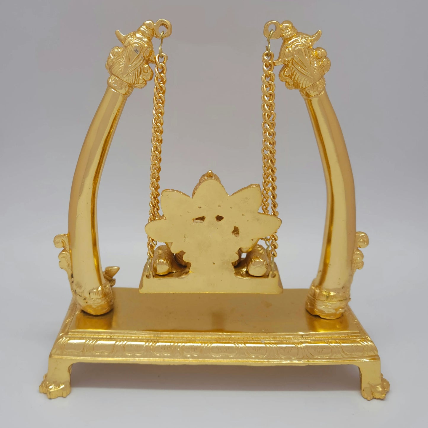 Full back view of the 10.5 inch premium brass Ganesha swing statue demonstrating the clean lines and solid construction of the mirror-polished royal support frame
