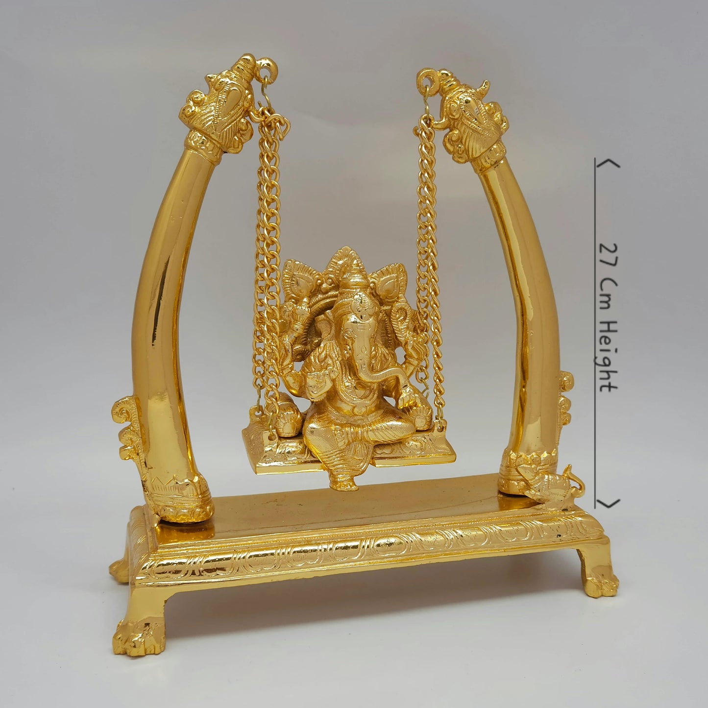Premium Brass Ganesha Jhula swing statue 27cm 45 degree right side angle view showing chain links and base mouse