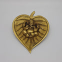 Front straight view of the 5.3 inch premium solid brass Ganesha on betel leaf wall hanging from Sri Swaminathan and Co stock showing the detailed antique finish layout.