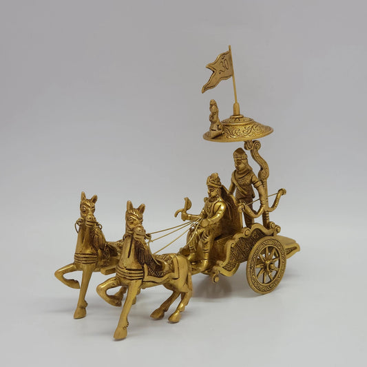Premium Brass Bhagavad Gita chariot statue 23cm 45 degree front left corner angle perspective view