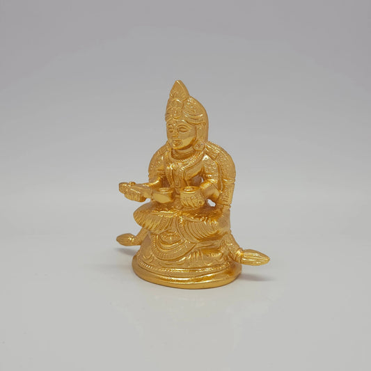 Premium Brass Goddess Annapoorani seated idol 3 inch 8.5cm height 45-degree front left view showing vessel pot detail extended peedam and sirachakra halo