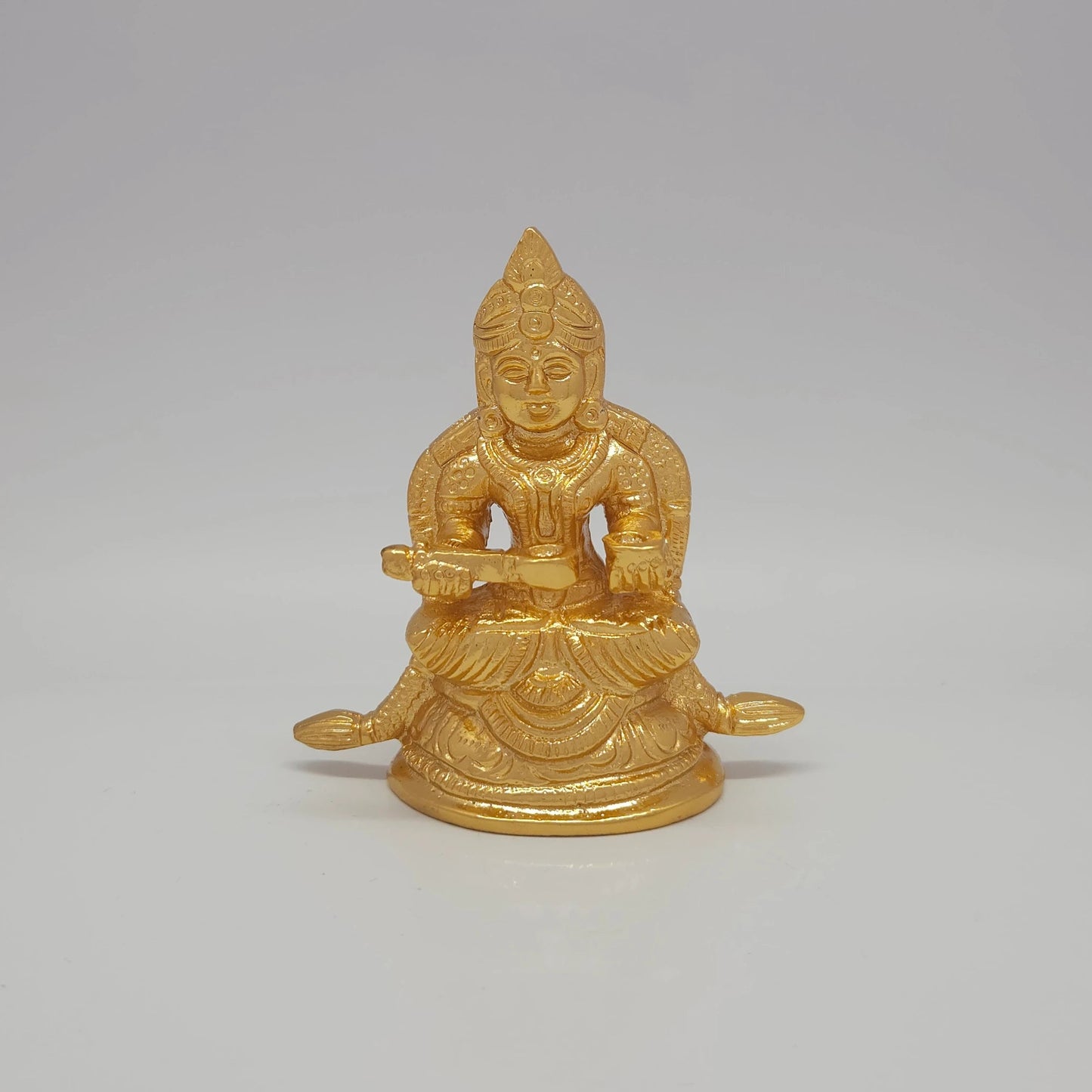 Premium Brass Goddess Annapoorani seated idol 3 inch 8.5cm height front view with ladle vessel flowing garland and sirachakra halo extended peedam