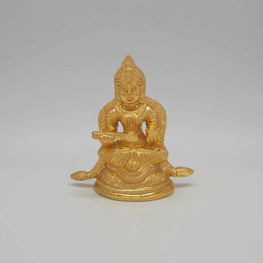 Premium Brass Goddess Annapoorani seated idol 3 inch 8.5cm height front view with ladle vessel flowing garland and sirachakra halo extended peedam
