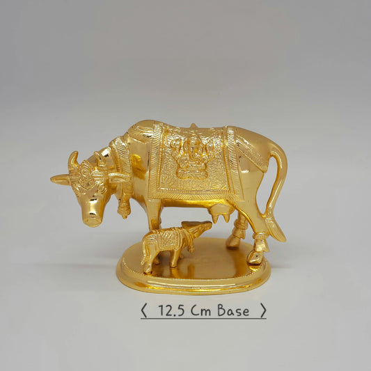 Premium Brass heavy Kamadhenu cow and calf statue with Ganesha saddle design 17cm length 12cm height 12.5cm base measurements size guide