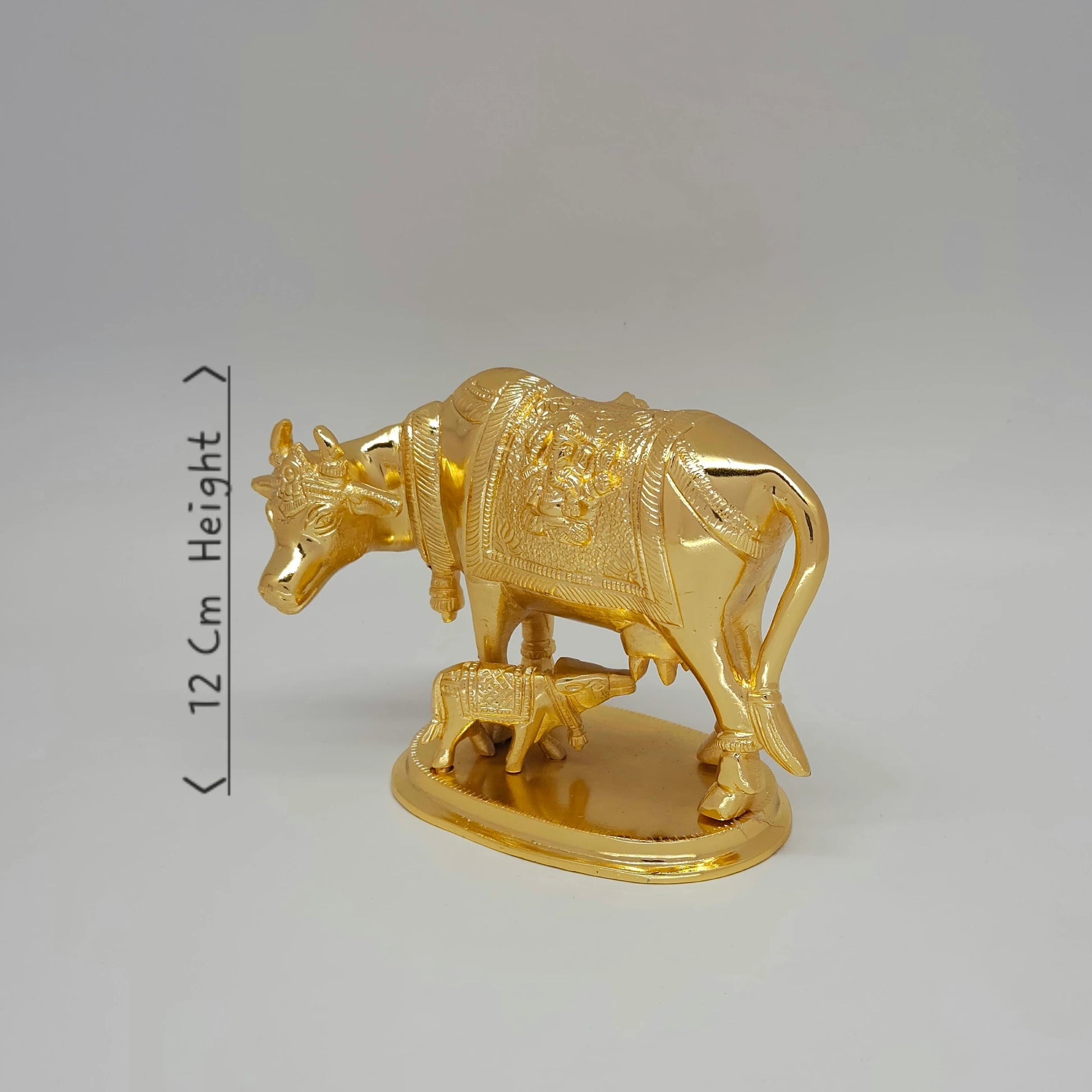 Premium Brass heavy Kamadhenu cow and calf statue 17cm 45 degree front right profile perspective view