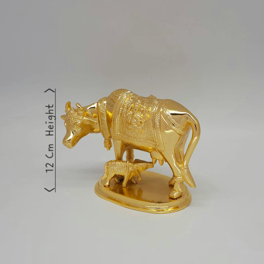 Premium Brass heavy Kamadhenu cow and calf statue 17cm 45 degree front right profile perspective view