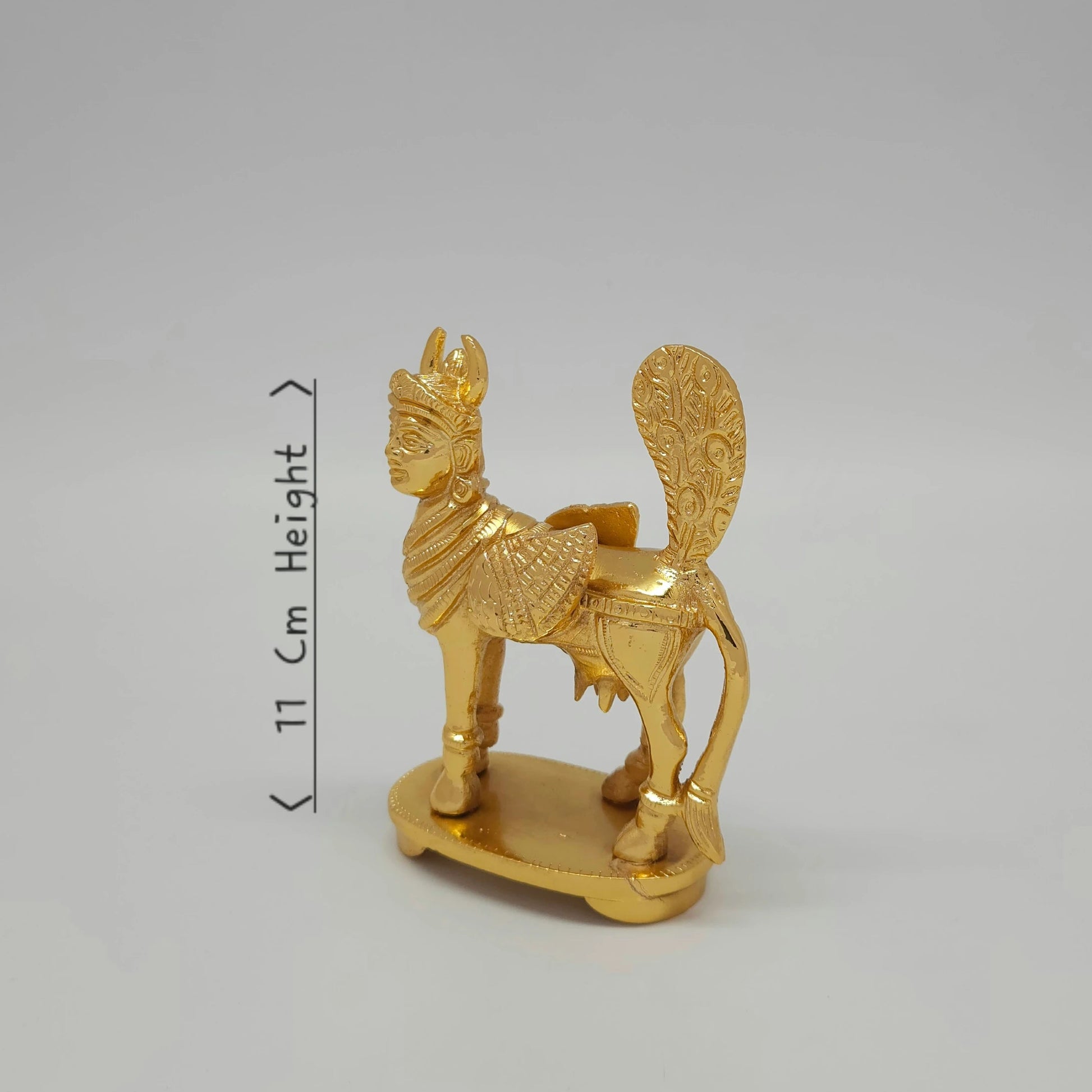 Premium Brass Kamadhenu cow statue wish fulfilling 11cm height 8cm length 4cm depth measurements size guide