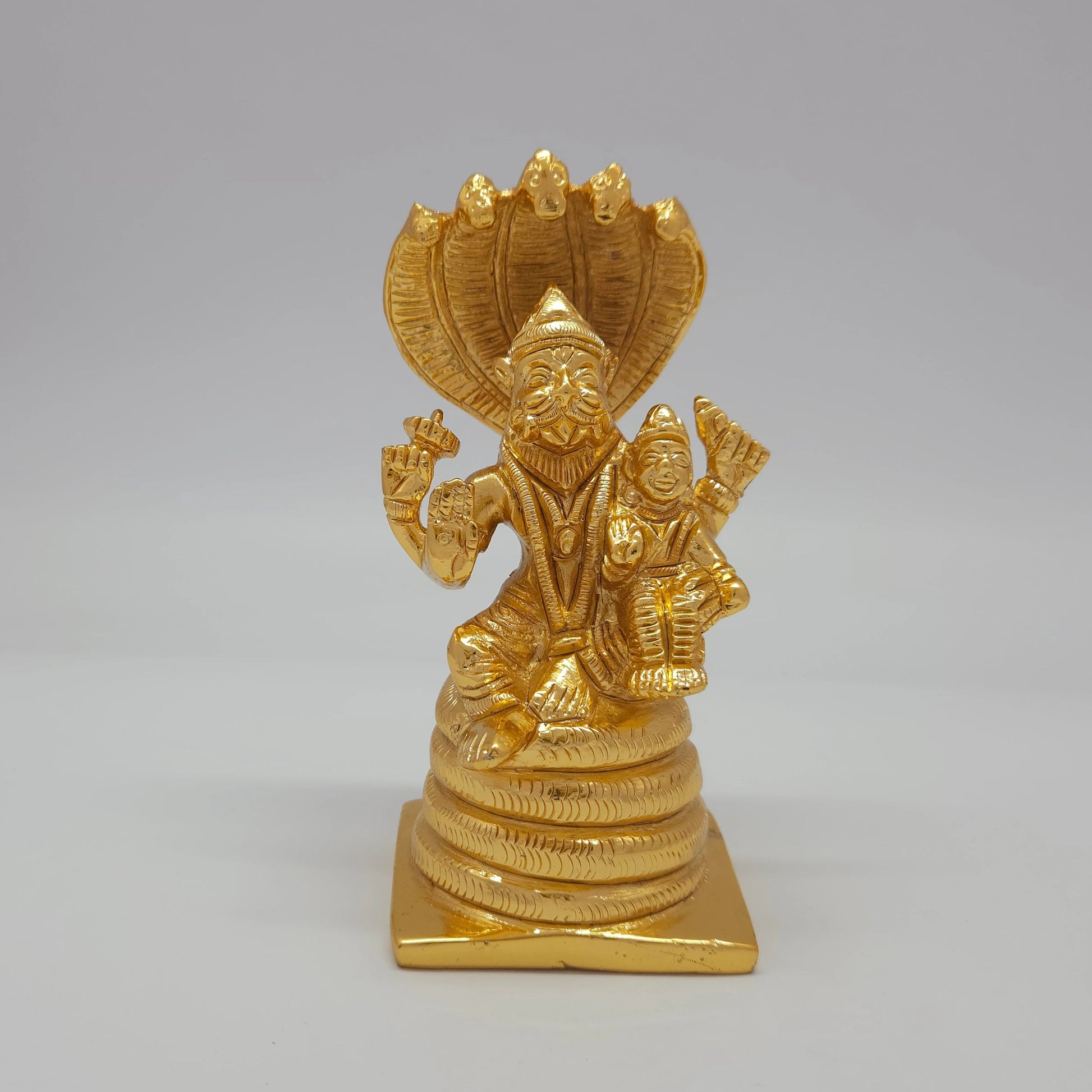 Premium Brass Lakshmi Narasimha statue seated on coiled adisesha serpent canopy 5 inch 13cm height 5.5cm length 5cm depth front profile size guide