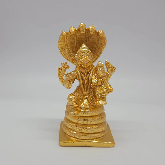 Premium Brass Lakshmi Narasimha statue seated on coiled adisesha serpent canopy 5 inch 13cm height 5.5cm length 5cm depth front profile size guide