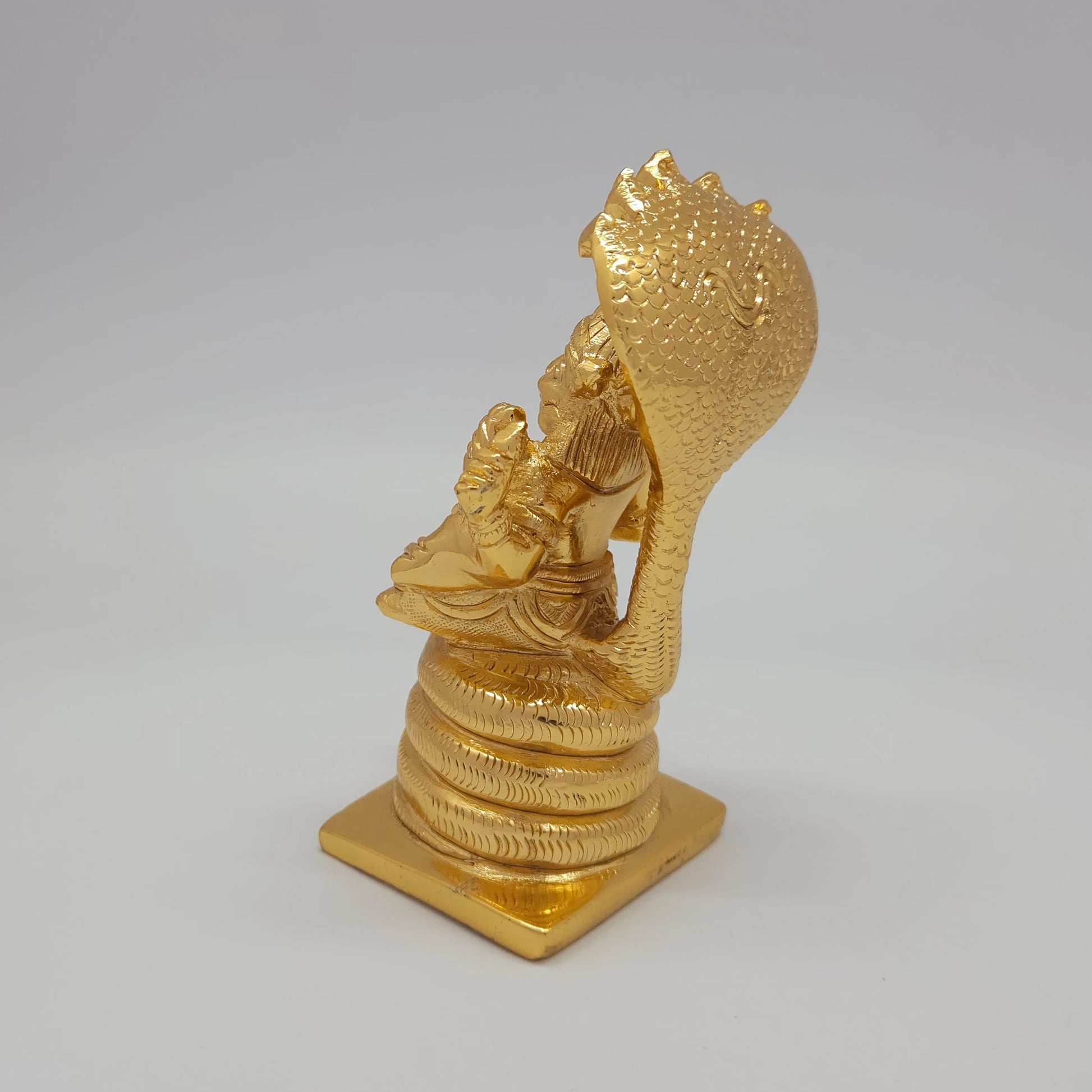 Premium Brass Lakshmi Narasimha statue 5 inch 13cm high rear top angle left overview showing upper crown structure and snake hoods layout