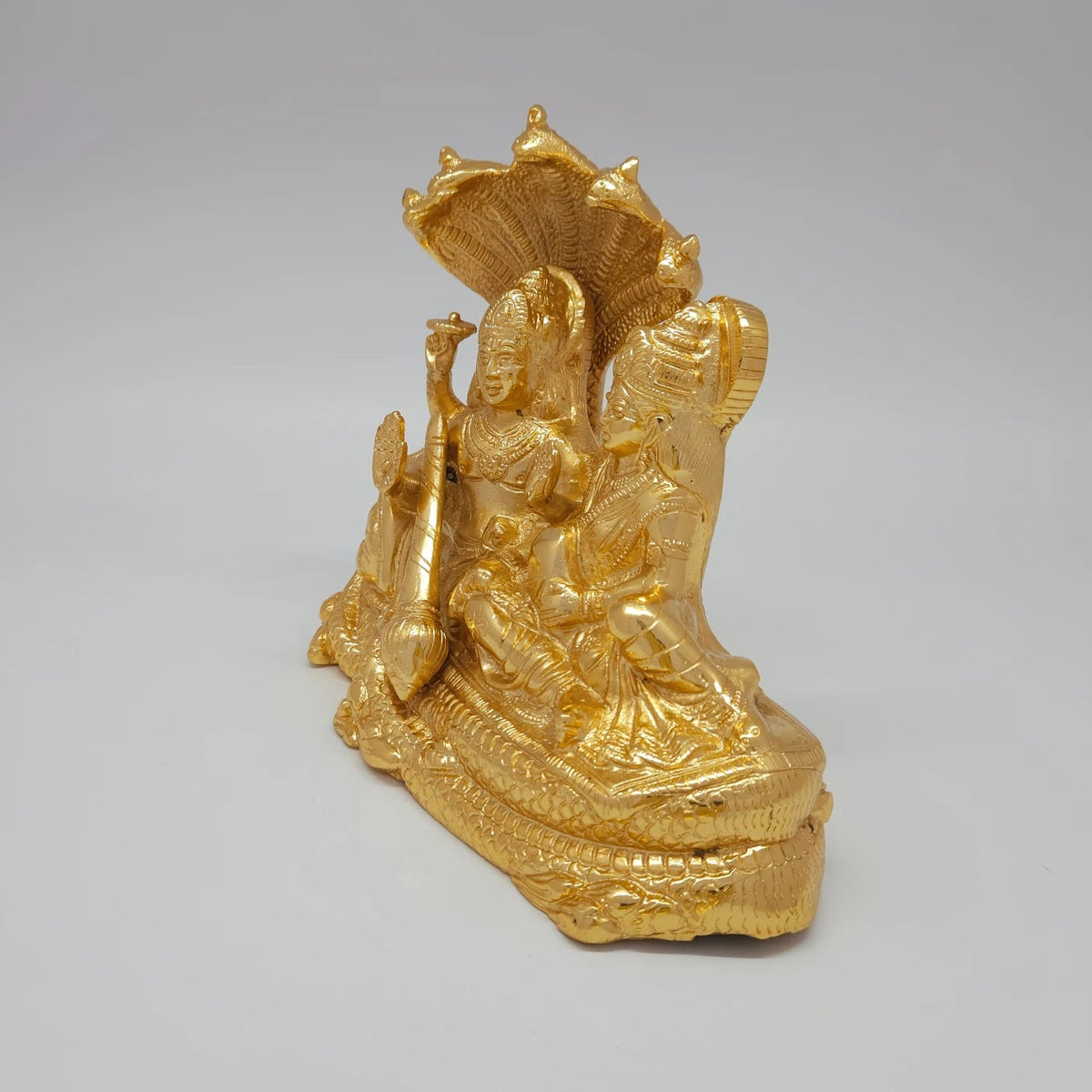 Premium Brass Lakshmi Narayana statue 8-inch 20cm high top angle overview showing upper kireetam crowns and snake bed layout