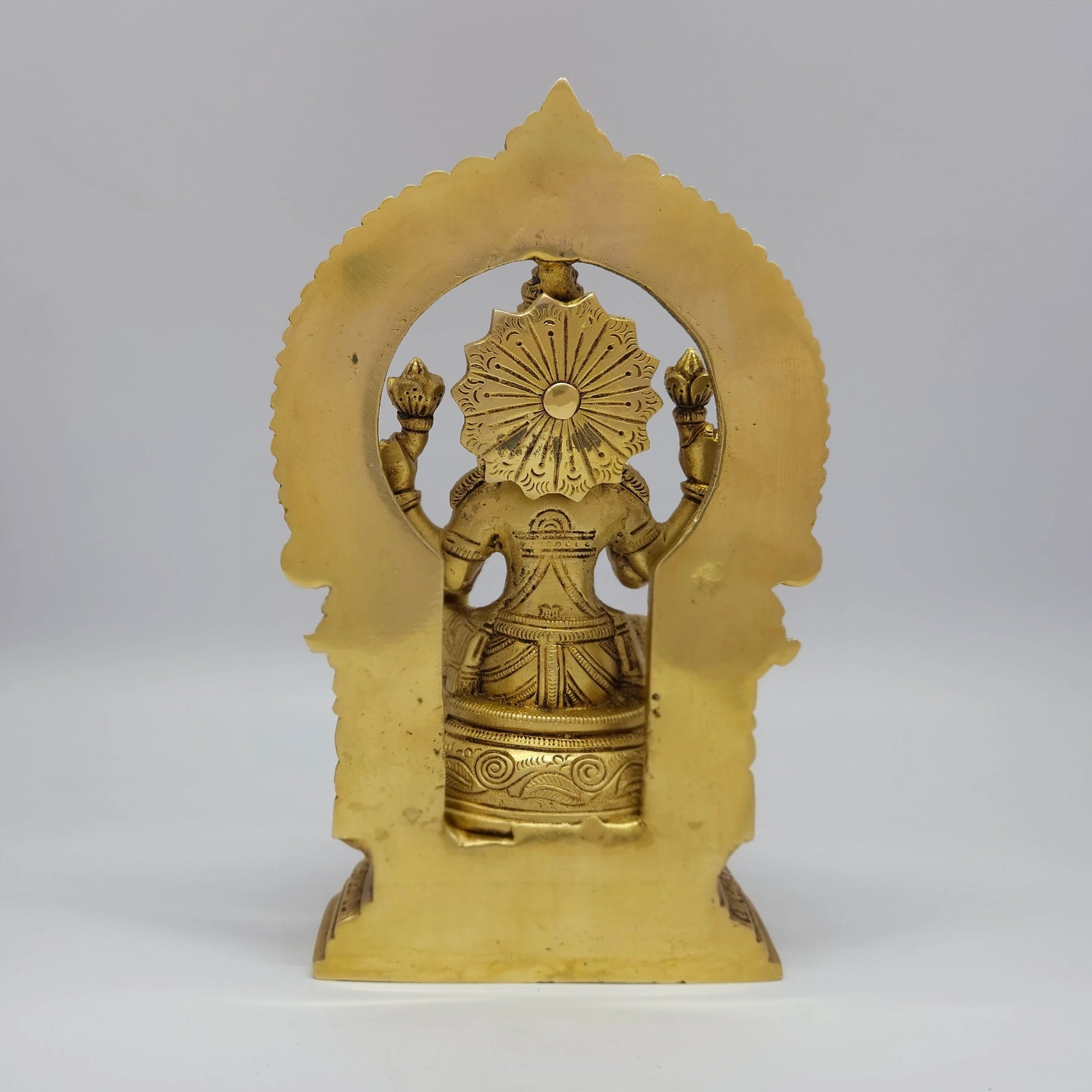 Premium Brass Mahalakshmi Statue with prabhavali arch back rear profile showing metal casting structure