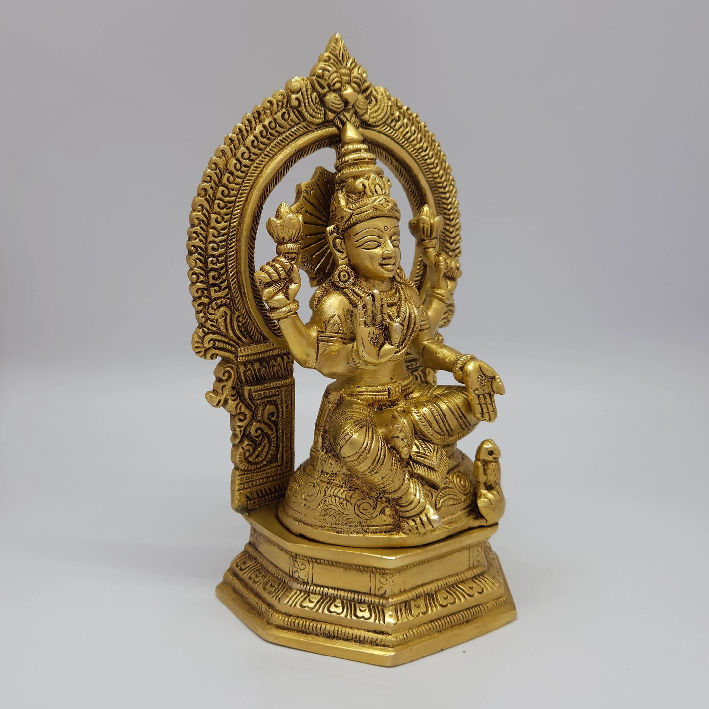 Premium Brass Mahalakshmi Statue with prabhavali arch 45 degree left side angle view