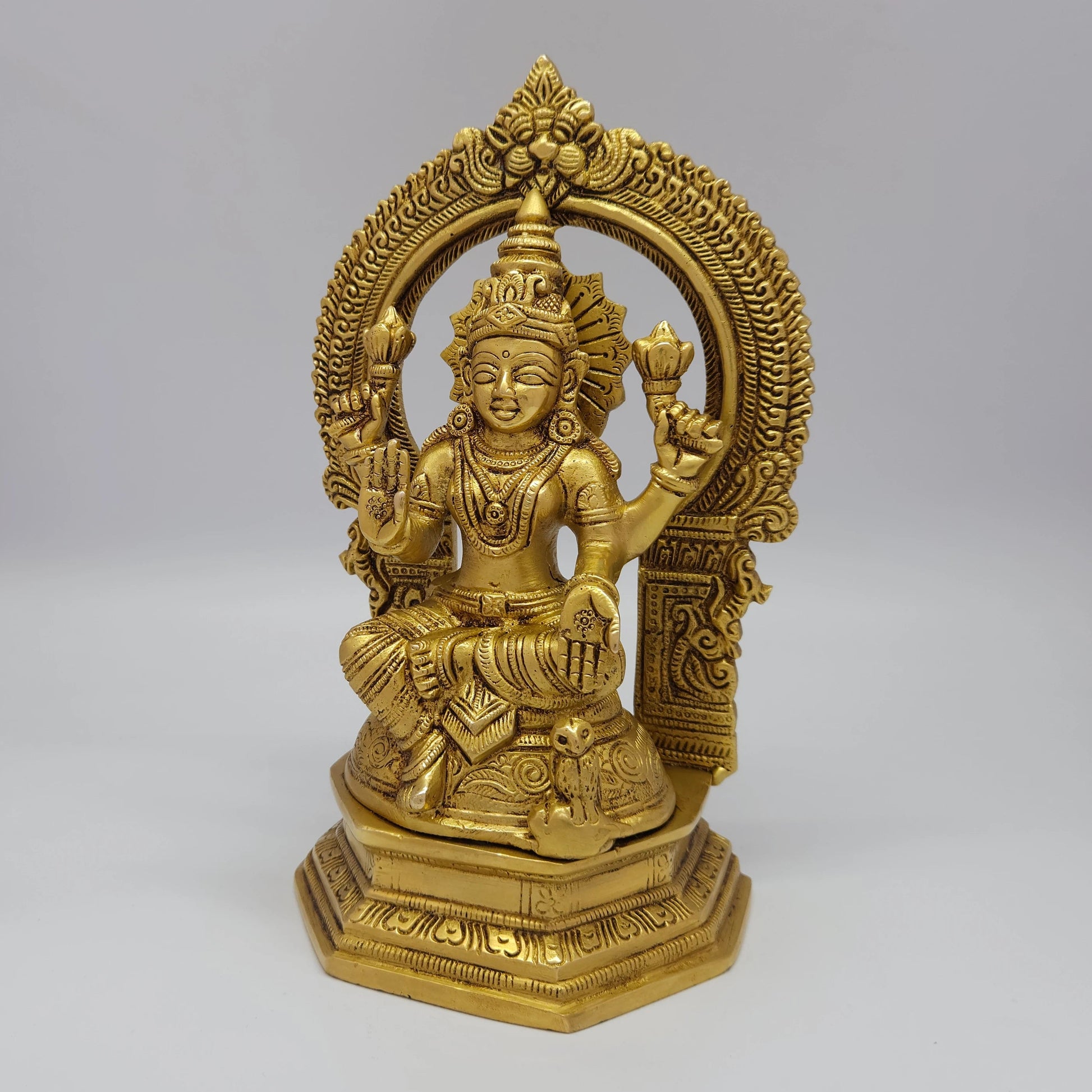 Premium Brass Mahalakshmi Statue with prabhavali arch 45 degree right side angle view