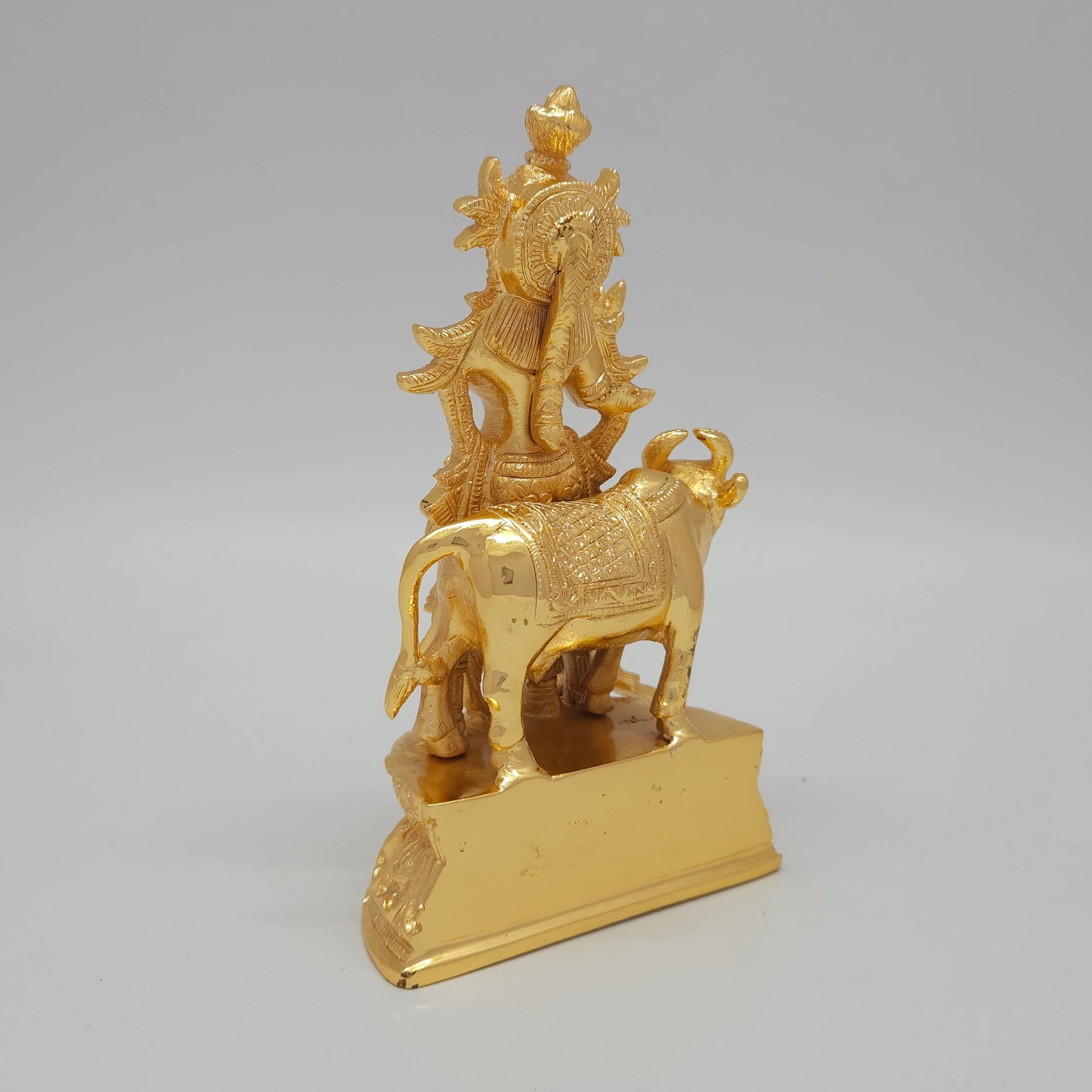 Premium Brass Lord Venugopal statue 17.5cm back view showing reverse profile of the kireetam crown and cow body
