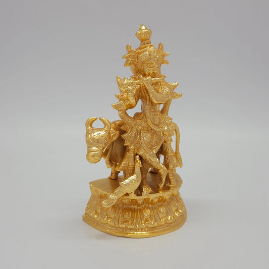 Premium Brass Lord Venugopal statue 17.5cm 45 degree front left corner view highlighting standing mayura peacock detail