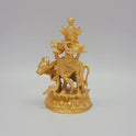 Premium Brass Lord Venugopal statue with kamadhenu cow and mayura peacock 17.5cm height front profile view glossy gold finish lifestyle decor gift size guide