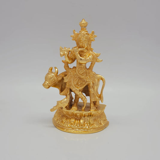 Premium Brass Lord Venugopal statue with kamadhenu cow and mayura peacock 17.5cm height front profile view glossy gold finish lifestyle decor gift size guide