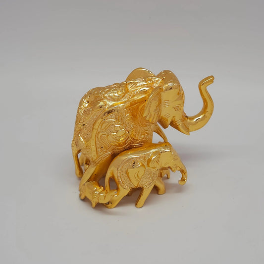 Premium Brass family elephant statue 12cm 45 degree rear right corner perspective focusing on the protective naga tail curve