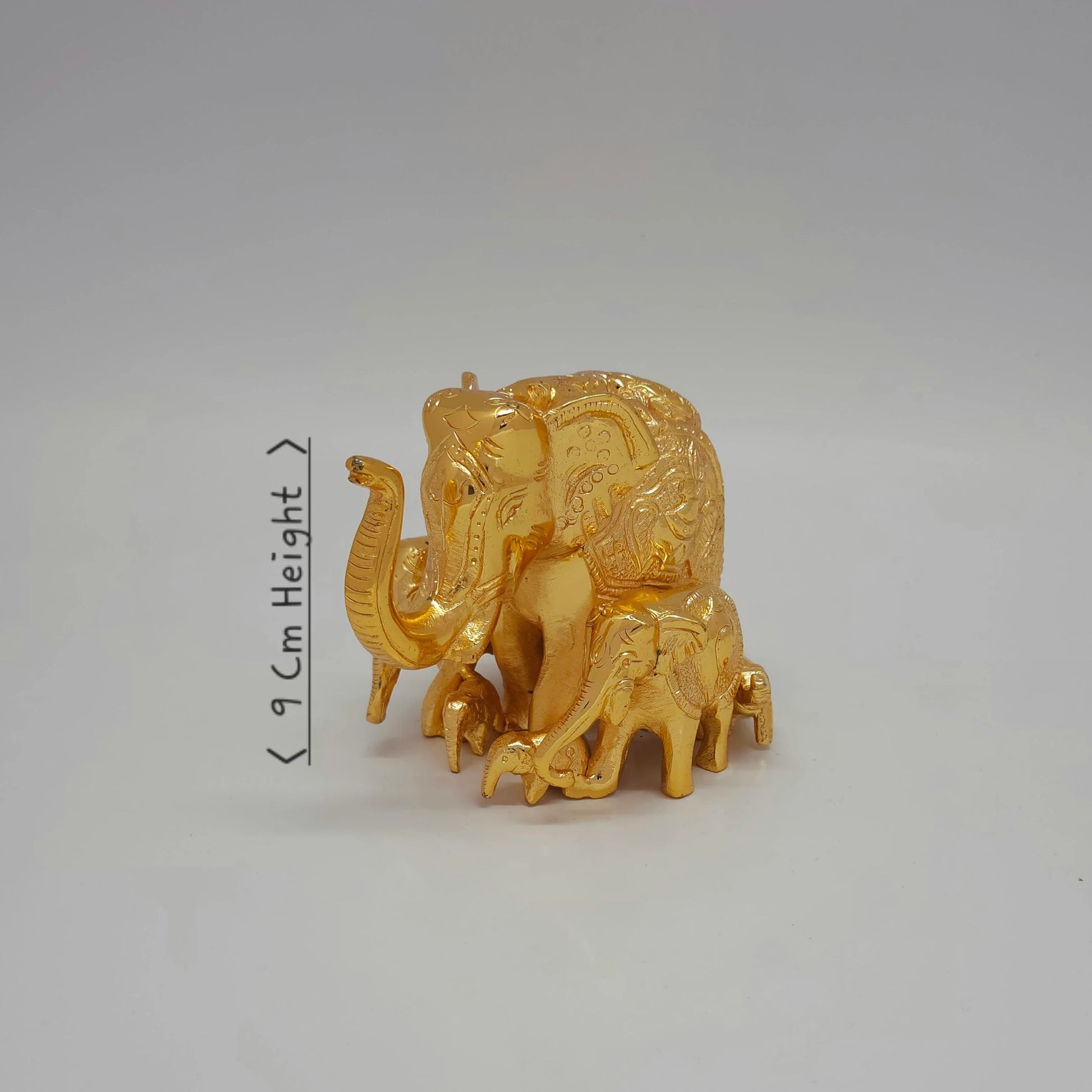 Premium Brass Matriarch Gaja elephant statue with 6 calves 45 degree left side angle view showing mirror gold luster