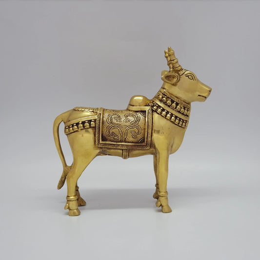 Close up macro shot of Premium Brass Nandi Statue showing fine chiseling on the saddle cloth