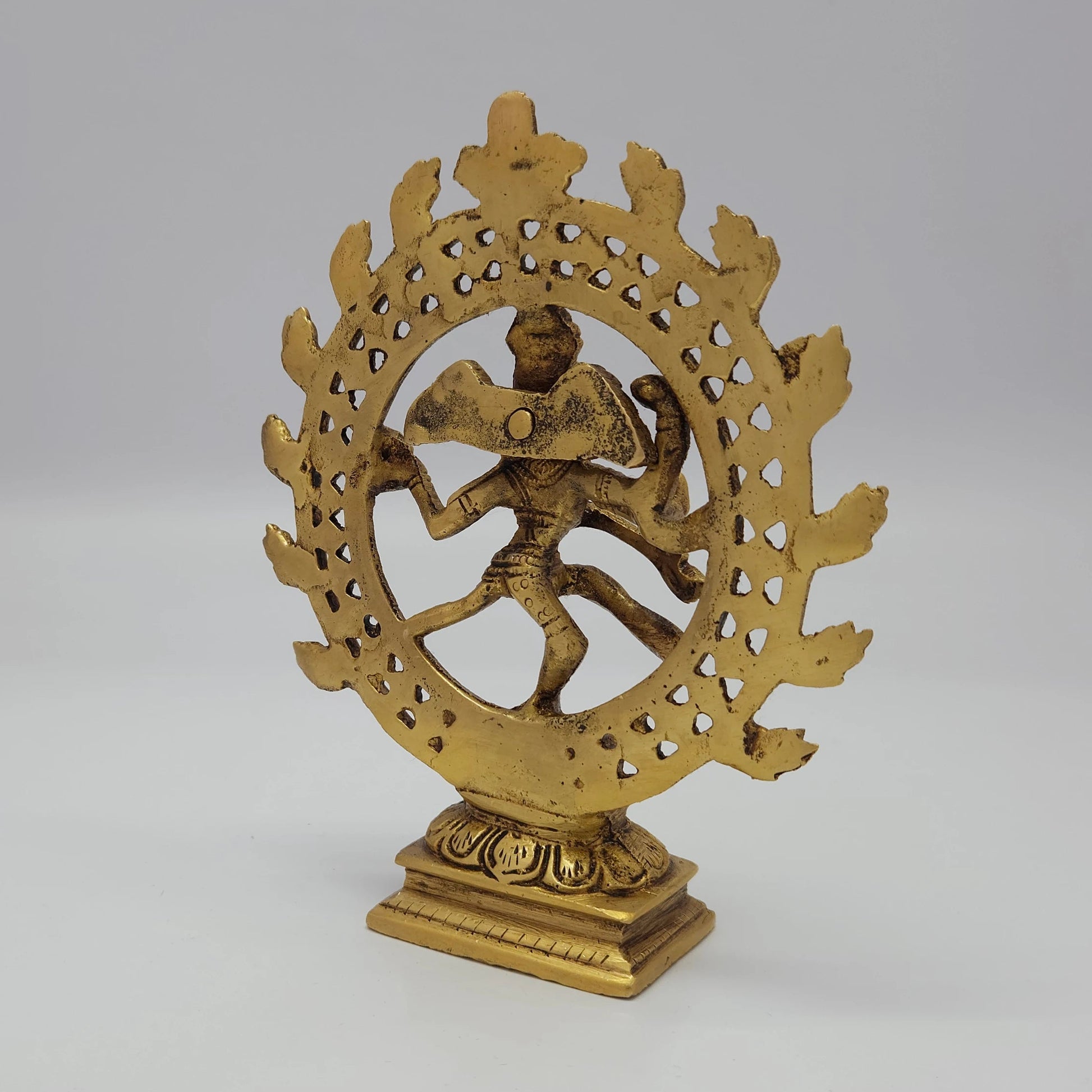Premium Brass Lord Nataraja statue 6 inch 15cm back view showing reverse of the fanned hair jatas and rectangular peedam base
