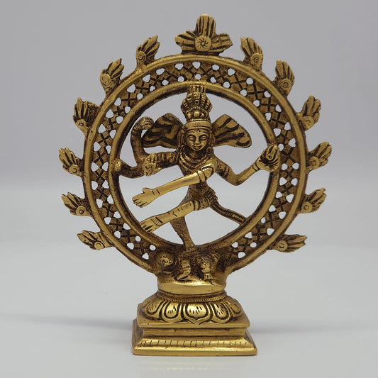 Premium Brass Lord Nataraja cosmic dance statue with openwork lattice thiruvasi arch 6 inch 15cm height 12.5cm length front profile size guide