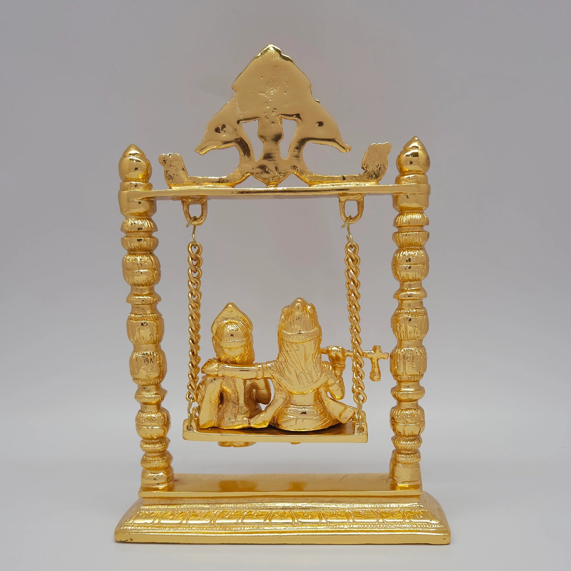 Premium Brass Radha Krishna Jhula swing murti 25cm back view showing rear arch and solid metal casting structure