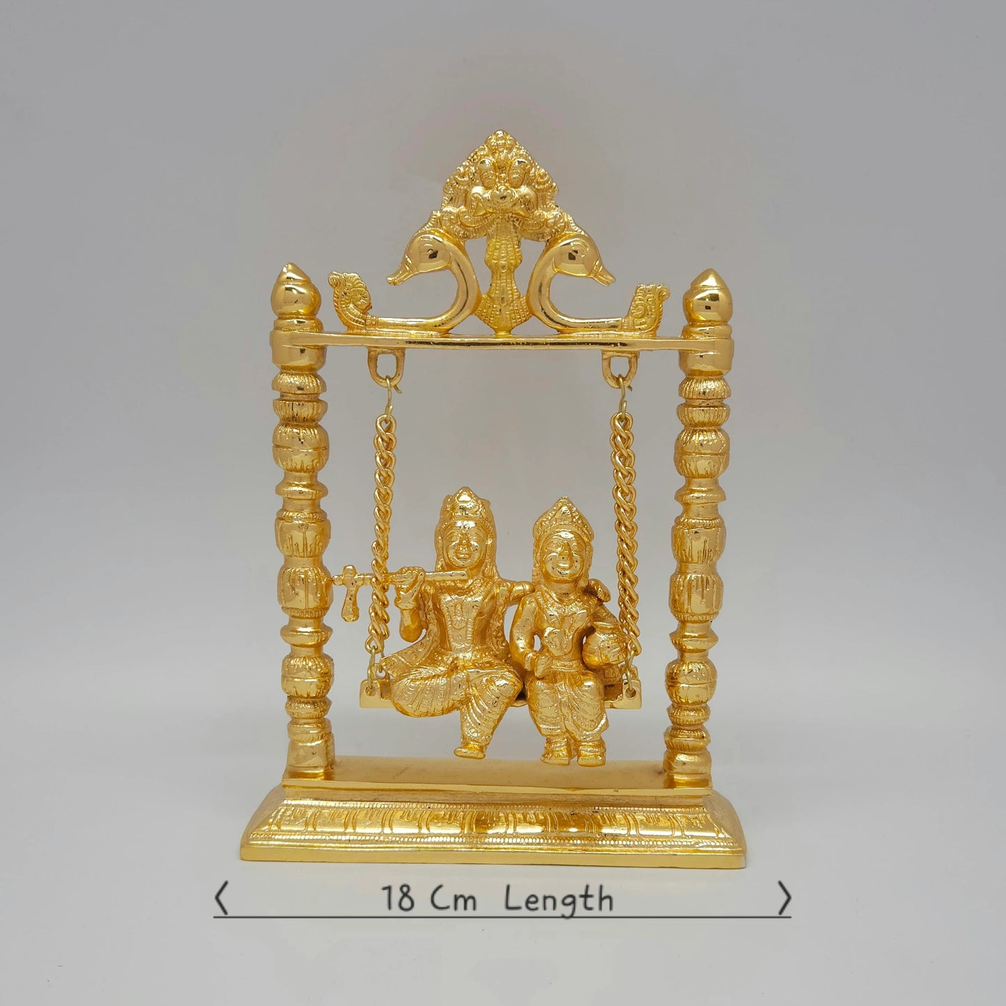 Premium Brass Radha Krishna Jhula swing murti 25cm height 18cm length 6cm depth front straight view measurements size guide