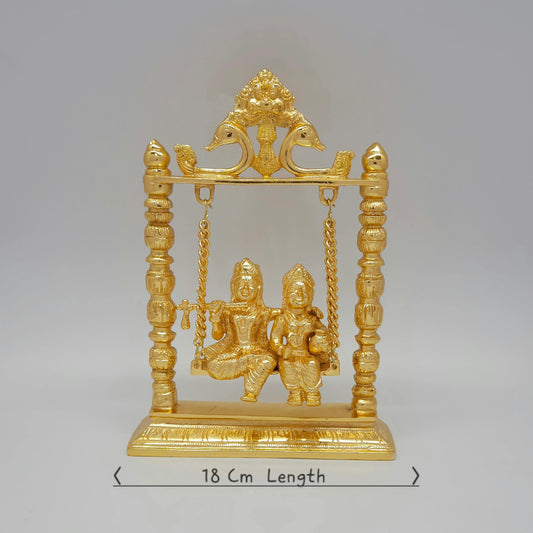 Premium Brass Radha Krishna Jhula swing murti 25cm height 18cm length 6cm depth front straight view measurements size guide