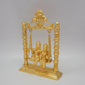 Premium Brass Radha Krishna Jhula swing murti 25cm 45 degree left side angle profile view showing smooth gold finish