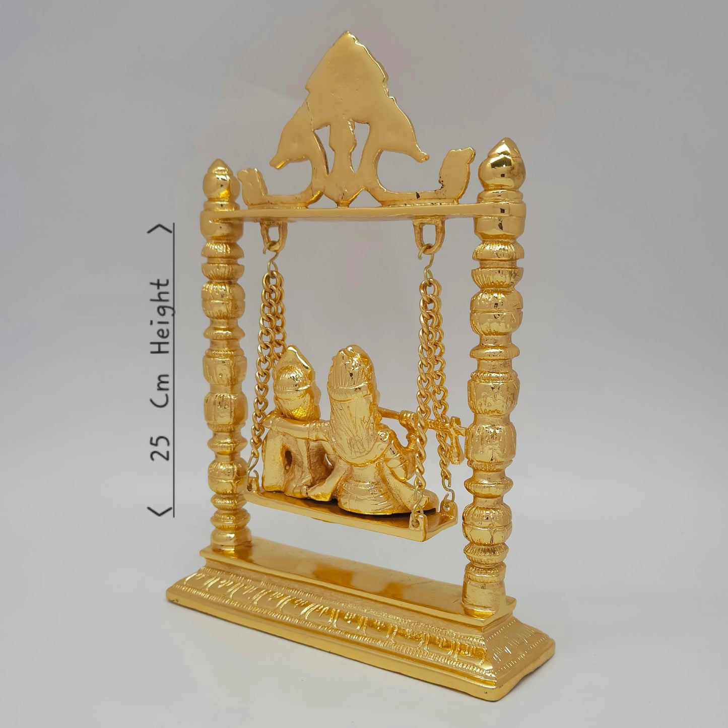 Premium Brass Radha Krishna Jhula swing murti 45-degree angle back view showing hanger frame